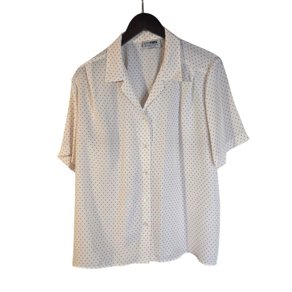 RRRRUSS White Polka Dot Button-Up Blouse - L - Retro Classic Blouse [0415]